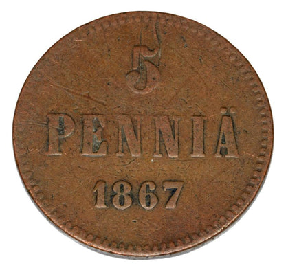 5 pennia 1867 Aleksander II Finlandia rosyjska Helsinki