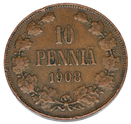 10 pennia 1908 Mikołaj II Finlandia rosyjska Helsinki